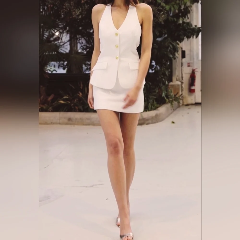 RARE LONDON White Tailored Halterneck Waistcoat Mini Dress, Size US 6 (UK 10)